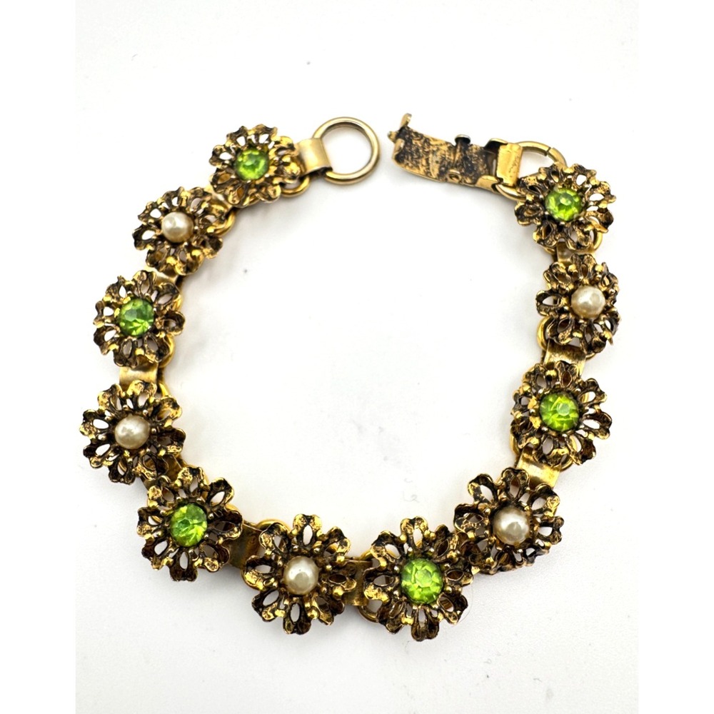 Vintage Flower Bracelet Gold Tone Filigree Green Rhinestone Faux Pearl 7"